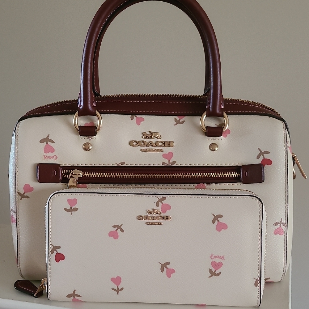 Coach Cream and Pink Floral Satchel and Wallet